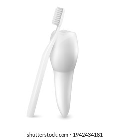Vector 3d Realistic Toothbrush and Tooth Closeup Isolated on White Background. Medical Dentist Illustration. Design Template, Clipart, Mockup. Dental Health Concept