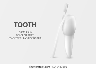 Vector 3d Realistic Toothbrush and Tooth Closeup Isolated on White Background. Medical Dentist Illustration. Design Template, Clipart, Mockup. Dental Health Concept