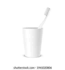 Vector 3d Realistic Toothbrush and White Plastic Holder Cup Closeup Isolated on White Background. Medical Dentist Illustration. Design Template, Clipart, Mockup. Dental, Health, Dental Care Concept