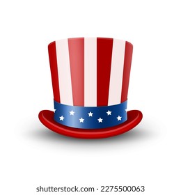 Vector 3d Realistic Top Hat in American Flag Color Closeup Isolated. Usa Hat. United States of America Independence Labor Day, Presidents Day. Nation US Country and National Theme. Vector illustration