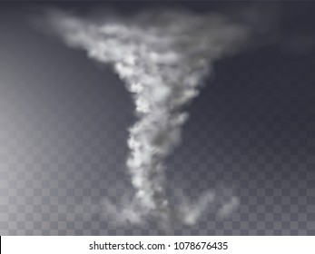 Vector 3d realistic tornado, grey hurricane isolated on transparent background. Wind cyclone, twisted vortex, natural phenomenon - the reason of destruction, catastrophe.