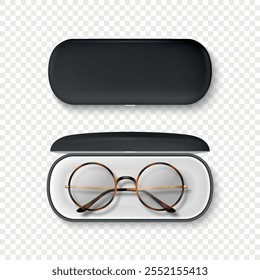 Vector 3D Realistic Tortoise Shell Frame Glasses and Black Case Set. Round Sunglasses and Case. Vintage Eyeglasses, Case, Top View. Design Template for Optics and Eyewear Branding