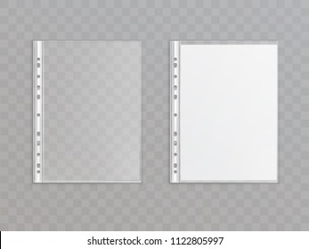 Vector 3d realistic translucent punched pocket isolated on transparent background. Office stationery for copies, portfolio - plastic wallet. Sheet protector for a4 paper. Template, mock up