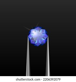 Vector 3d Realistic Transparent Blue Gemstone, Diamond, Crystal, Rhinestone with Jewelry Tongs Closeup on Black Background. Jewerly Concept. Design Template, Clipart
