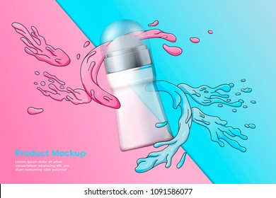 Vector 3d realistic transparent deodorant bottle on bright modern paper background with doodle splashes. Mock-up for product package branding.
