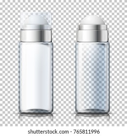 Vector 3d realistic transparent deodorant bottles with plastic transparent cap, open and closed. Mock-up for product package branding.