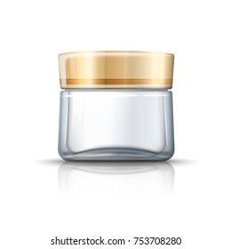 Vector 3d realistic transparent glass jar for moisturizing cream. Mock-up for product package branding.