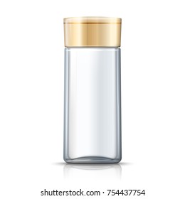 Vector 3d realistic transparent glass shampoo bottle with golden cap. Mock-up for product package branding.