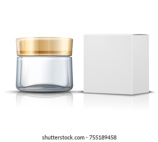 Vector 3d realistic transparent glass jar for moisturizing cream with white paper box. Mock-up for product package branding.