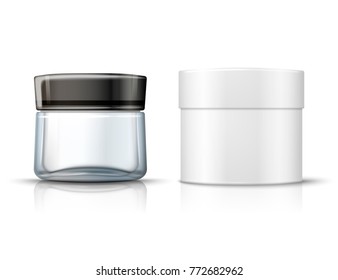 Vector 3d realistic transparent glass jar for moisturizing cream with white round paper box, isolated on white background with reflection. Mock-up for product package branding.