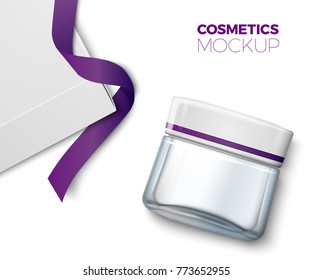 Vector 3d realistic transparent glass jar for moisturizing cream with white paper box and violet ribbon, isolated on white background with reflection. Mock-up for product package branding.