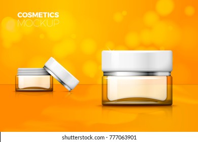 Vector 3d realistic transparent glass jar for moisturizing cream with open box, isolated on bright orange blurred background with reflection. Mock-up for product package branding.
