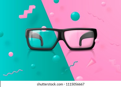 Vector 3d realistic transparent glasses on abstract scene with pink, green and white balls and objects.