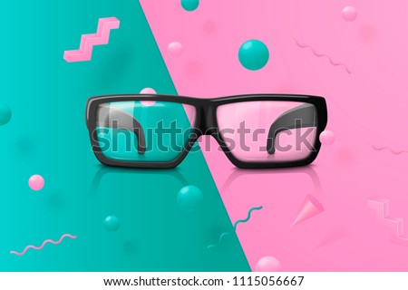Vector 3d realistic transparent glasses on abstract scene with pink, green and white balls and objects.