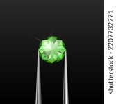 Vector 3d Realistic Transparent Green Gemstone, Diamond, Crystal, Rhinestone with Jewelry Tongs Closeup on Black Background. Jewerly Concept. Design Template, Clipart