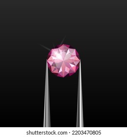 Vector 3d Realistic Transparent Pink Gemstone, Diamond, Crystal, Rhinestone with Jewelry Tongs Closeup on Black Background. Jewerly Concept. Design Template, Clipart