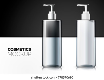 Vector 3d realistic transparent pump bottles full and empty with reflections, modern minimalistic advertisement template. Mock-up for product package branding.
