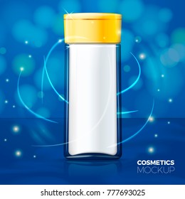 Vector 3d realistic transparent shampoo bottle, isolated on bright blue blurred background with reflection. Mock-up for product package branding.