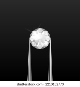Vector 3d Realistic Transparent White Gemstone, Diamond, Crystal, Rhinestone with Jewelry Tongs Closeup on Black Background. Jewerly Concept. Design Template, Clipart