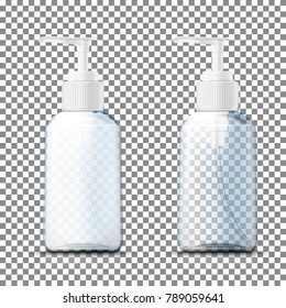 Vector 3d realistic transparent white plastic bottles with pump cap on plaid background. Mock-up for product package branding.