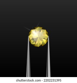 Vector 3d Gemstone amarillo transparente realista, diamante, cristal, roca con colgaduras de joyas que se cierran sobre fondo negro. Concepto jovial. Plantilla de diseño, cliente