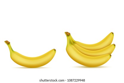 Vector 3d realistic tropical banana set. Yellow exotic sweet fruit for ad banner, poster. Mock up, template of vegetarian nutrition