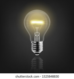 Vector 3d Realistic Turning On Light Bulb Icon Closeup Isolated on White Background with Reflection. Glowing Incandescent Filament Lamps. Creativity Idea, Business Innovation Concept
