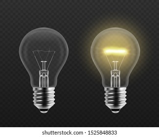 Vector 3d Realistic Turning On and Off Light Bulb Icon Set Closeup Isolated on Transparent Background. Glowing Incandescent Filament Lamps. Creativity Idea, Business Innovation Concept