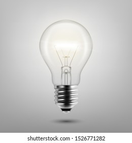 Vector 3d Realistic Turning On Light Bulb Icon Closeup Isolated on Gray Background. Design Template, Clipart. Glowing Incandescent Filament Lamps. Creativity Idea, Business Innovation Concept