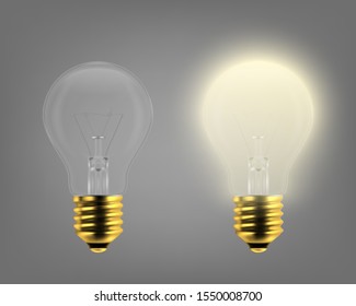 Vector 3d Realistic Turning On and Off Light Bulb Icon Set Closeup Isolated on Gray Background. Glowing Incandescent Filament Lamps. Creativity Idea, Business Innovation Concept. Front View