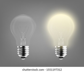 Vector 3d Realistic Turning On and Off Light Bulb Icon Set Closeup Isolated on Gray Background. Glowing Incandescent Filament Lamps. Creativity Idea, Business Innovation Concept. Front View