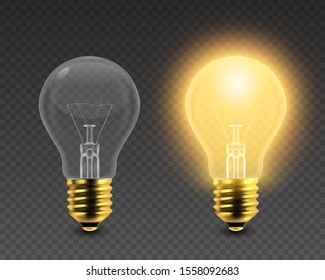 Vector 3d Realistic Turning On and Off Light Bulb Icon Set Closeup Isolated on Transparent Background. Glowing Incandescent Filament Lamps. Creativity Idea, Business Innovation Concept. Front View