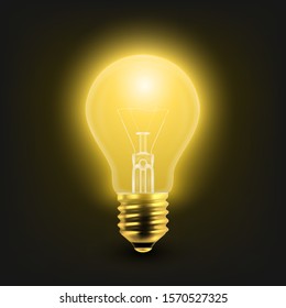 Vector 3d Realistic Turning On Light Bulb Icon Closeup Isolated on White Background with Reflection. Glowing Incandescent Filament Lamps. Creativity Idea, Business Innovation Concept