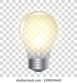 Vector 3d Realistic Turning On Light Bulb Icon Closeup Isolated on Transparent Background. The effect of light. The symbol of creativity and ideas. Image of a light bulb. Vector illustration eps10