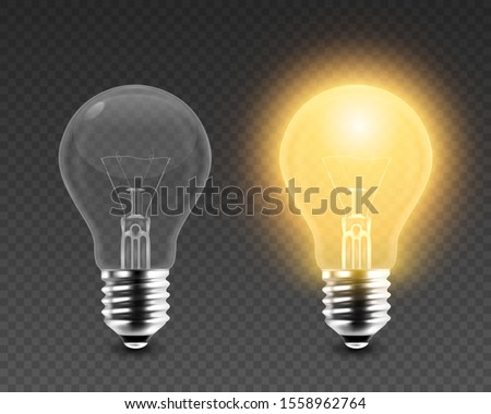 Vector 3d Realistic Turning On and Off Light Bulb Icon Set Closeup Isolated on Transparent Background. Glowing Incandescent Filament Lamps. Creativity Idea, Business Innovation Concept. Front View