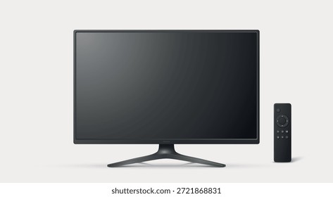 Vektor 3d realistischer TV-Bildschirm, einzeln. Smart-TV-Bildschirm mit Fernbedienung. Leere TV-Bildschirmdesign-Vorlage, Vorderansicht