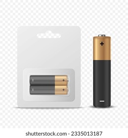 Vector 3d Realistic Two Alkaline Black and Brown Battery in Paper Blister and Battery Icon Closeup Set Isolated. AA Size, Horizontal Position. Design Template for Branding, Mockup