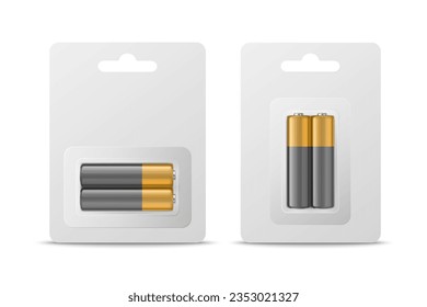 Vector 3d Realistic Two Alkaline Battery in Paper Bliste Icon Set, Nahaufnahme. Größe, horizontale und vertikale Position. Design-Vorlage für das Branding, Zuordnen