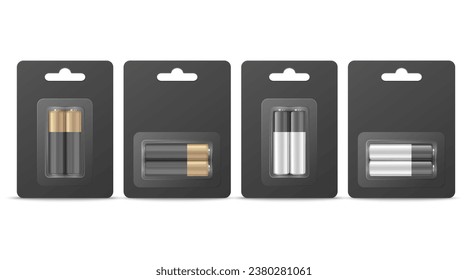 Vector 3d Realistic Two Alkaline Battery in the Black Paper Blister Icon Set Closeup Isolated. AA Size, Horizontal and Vertical Position. Design Template for Branding, Mockup