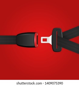 Vector 3d Realistic Unblocked Passenger Seat Belt Clopeup Isolated on Red Backgroud. Design Template. Top View. Transport Safety Concept