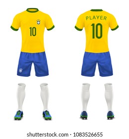 Vector 3d Realistic Uniform Of Brasil Football Player. Yellow T-shirt, Blue Shorts For Playing Soccer. Athletic Clothes, Mock Up For Championship.