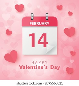 Vector 3d Realistic Valentines Day Paper Pink Calendar, February 14, Folded Paper Corner of Sheet. Valentine s Day, Couple, Love Concept. Beautiful Valentines Card, Banner, Wall Calendar, Background