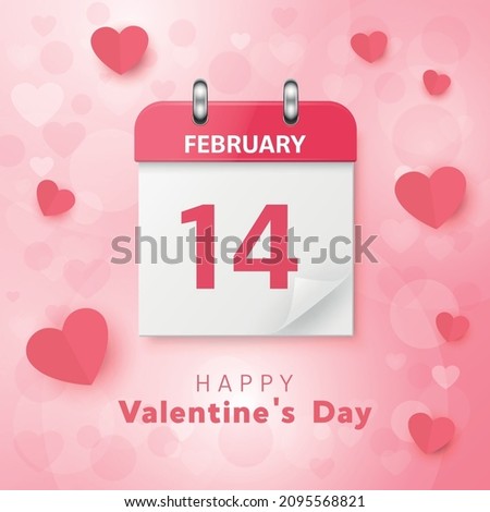 Vector 3d Realistic Valentines Day Paper Pink Calendar, February 14, Folded Paper Corner of Sheet. Valentine s Day, Couple, Love Concept. Beautiful Valentines Card, Banner, Wall Calendar, Background