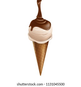 Vector 3d realistic vanilla ice cream glazed with chocolate in waffle cone isolated on white background. Sweet summer frozen dessert with sundae taste. Design element for package or ad poster, banner