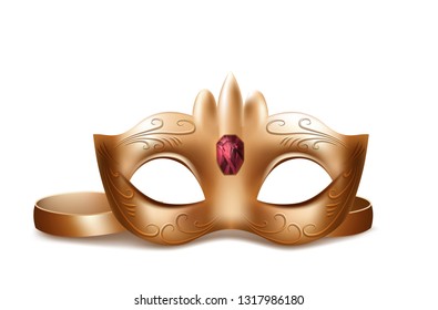 Vector 3d realistic Venetian face mask with red gem. Golden element, jewelry for traditional Mardi Gras carnival, holiday masquerade, costumed party dressing part illustration. Mystery, secret concept