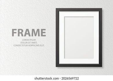 Vector 3d Realistic Vertical A4 Black Wooden Simple Modern Frame on White Textured Wall Background. It Can Be Used for Presentations. Design Template for Mockup, Front View