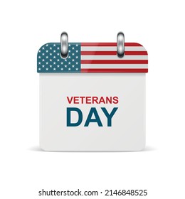 Vector 3d Realistic Veterans Day Paper Classic Simple Minimalistic Calendar mit US Flag Colors Icon. Design-Vorlage für Veteranen-Tageskarte, Banner, Wandkalender, Hintergrund