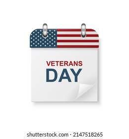 Vector 3d Realistic Veterans Day Paper Classic Simple Minimalistic Calendar with US Flag Colors Icon. Design Template for Veterans Day Card, Banner, Wall Calendar, Background