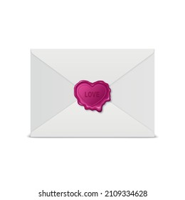 Vector 3d Realistic Vintage Heart Shaped Pink Stamp, Wax Seal, White Paper Envelope. Sealing Wax, Stamp, Label for Quality Certificate, Document, Letter, Envelope Isolated. Valentine Day, Love Concept