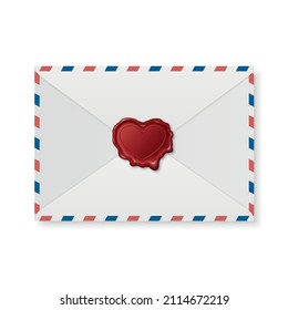 Vector 3d Estampado Rojo, Sello De Cera, Sobre De Papel Blanco. Cera de sellado, sello, etiqueta para certificado de calidad, documento, carta, sobre aislado. Día de San Valentín, concepto de amor